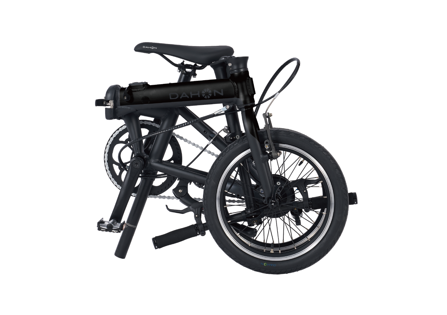 Black Dahon K-Feather electric folding bike, partially folded, minimalist design for city trips.