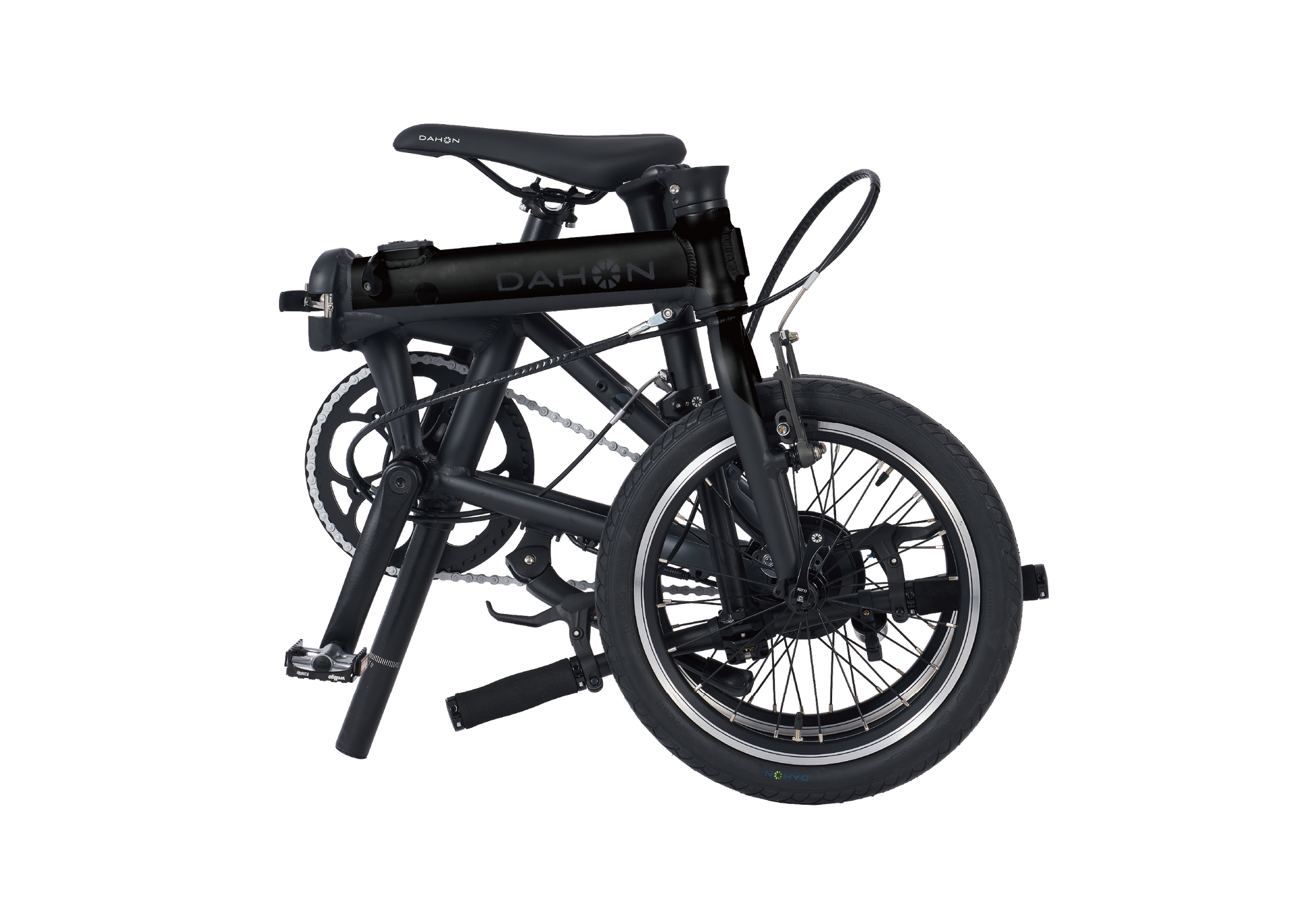 Black Dahon K-Feather electric folding bike, partially folded, minimalist design for city trips.