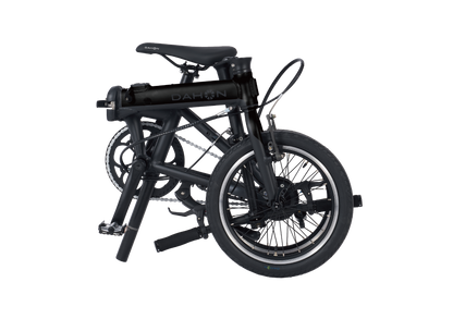 Black Dahon K-Feather electric folding bike, partially folded, minimalist design for city trips.
