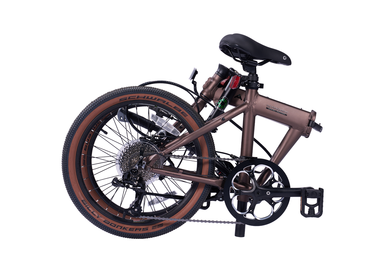 Metallic bronze Hemingway GR folding bike, rear wheel detail, Schwalbe Big Bonkers tires.