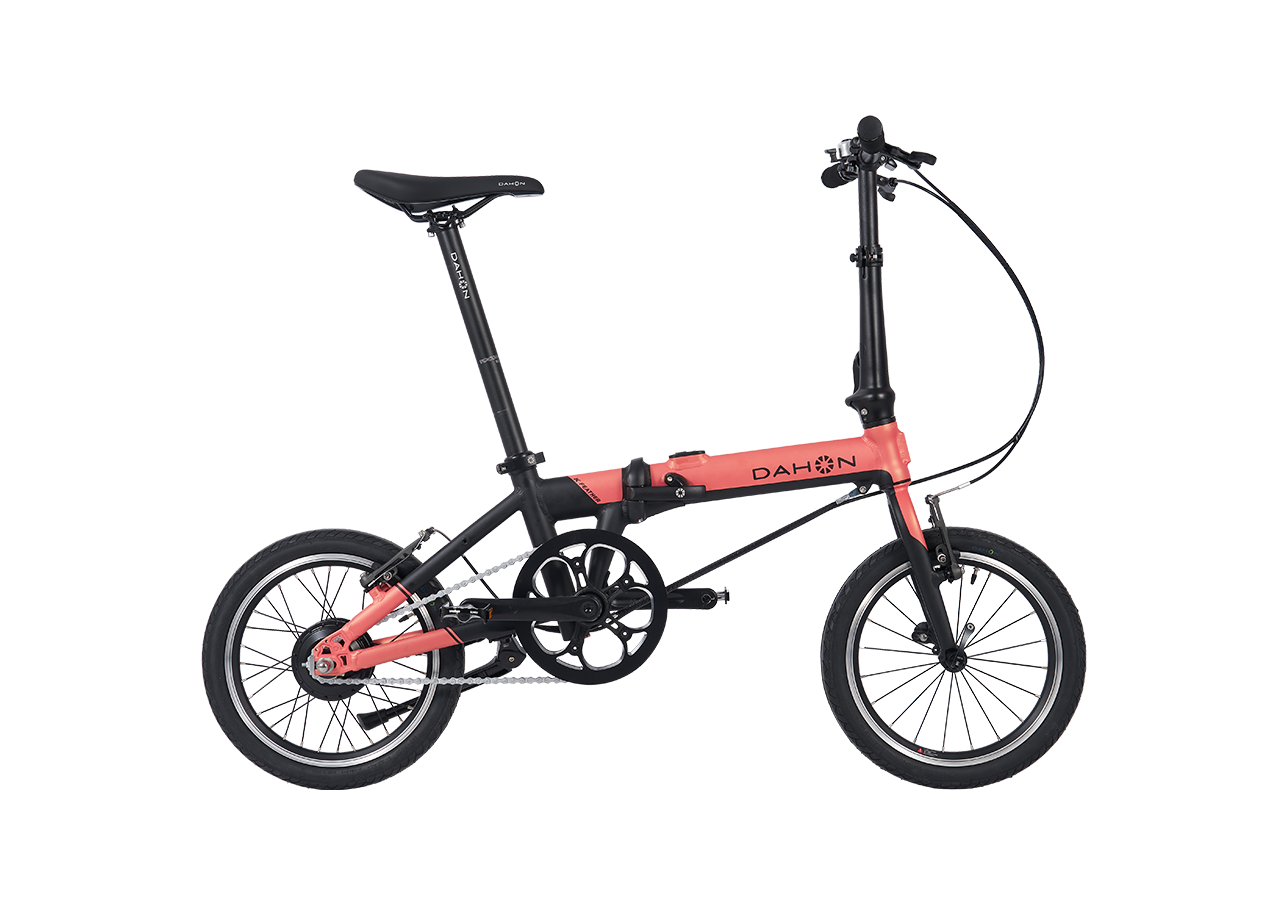 DAHON K-Feather coral electric folding bike for city trips.