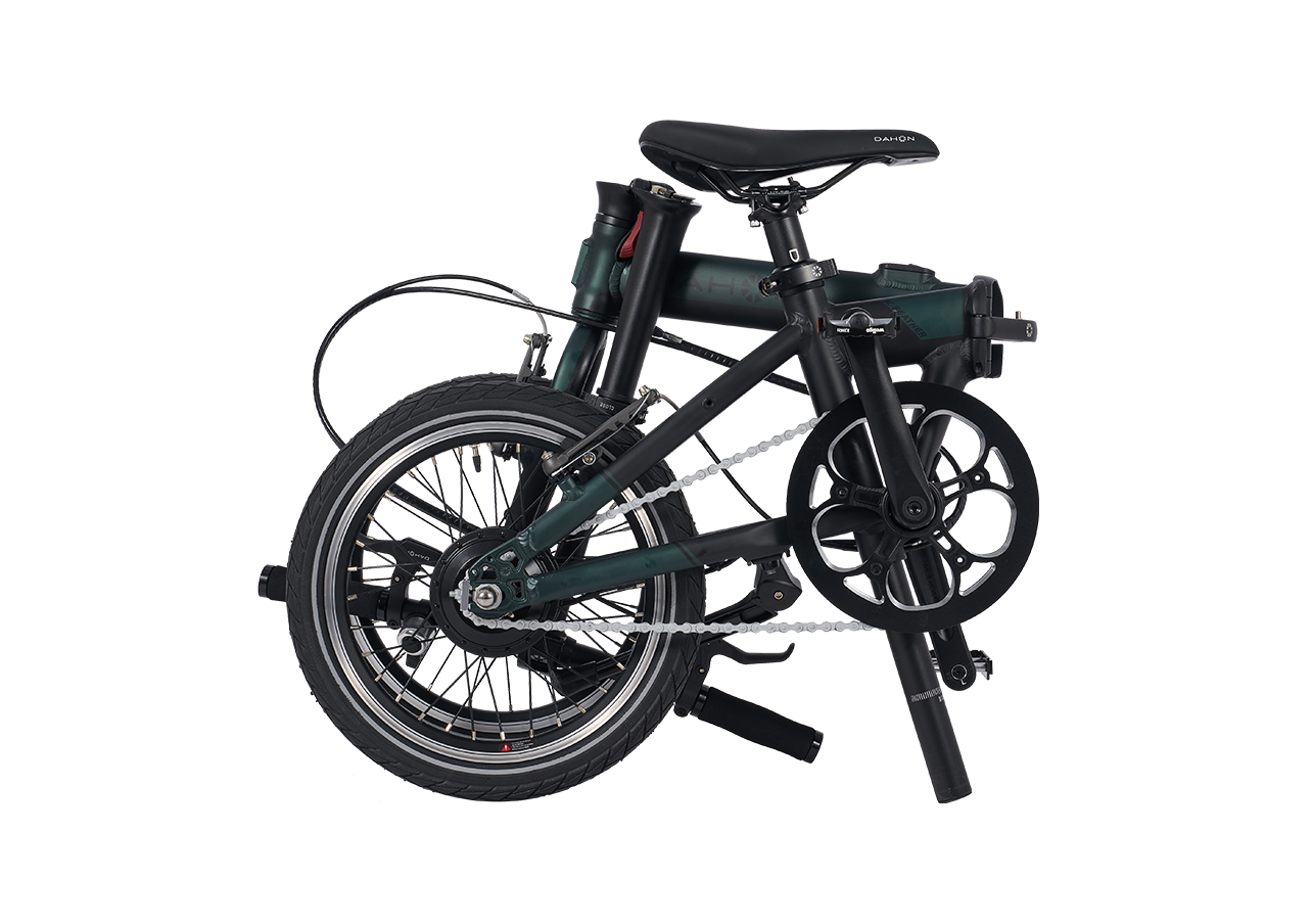 DAHON K-Feather electric bike, dark green, minimalist city commuter.