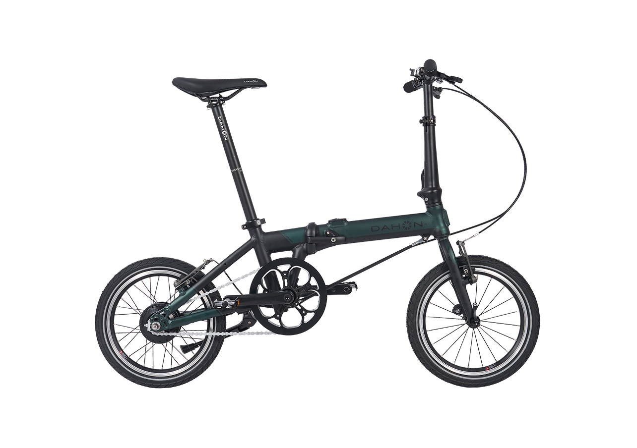 Dark green DAHON K-Feather folding electric bike designed for city travel.