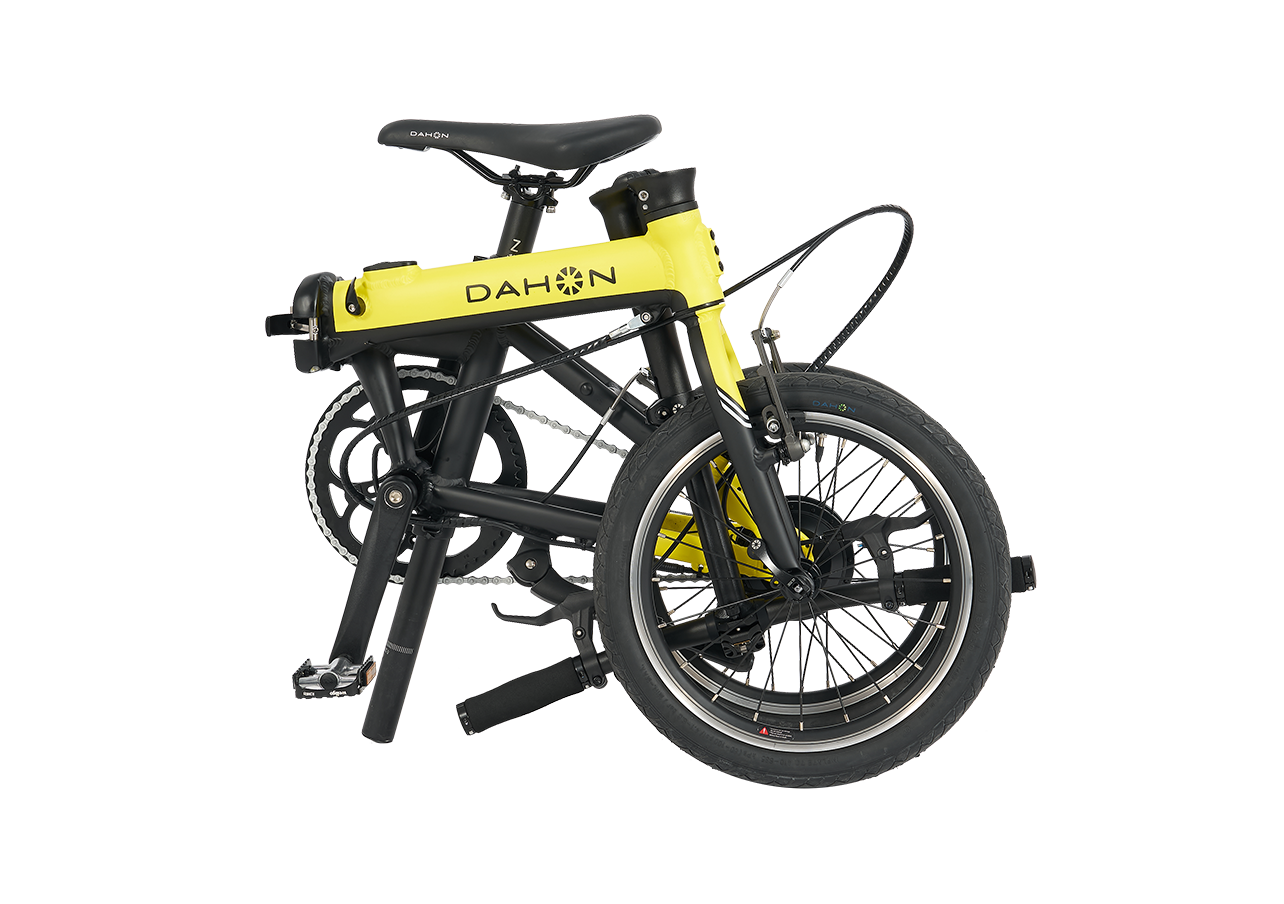 Yellow Dahon K-Feather folding electric bike for city trips