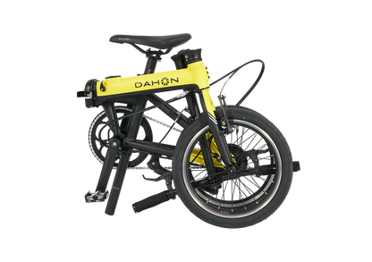 Yellow Dahon K-Feather folding electric bike for city trips