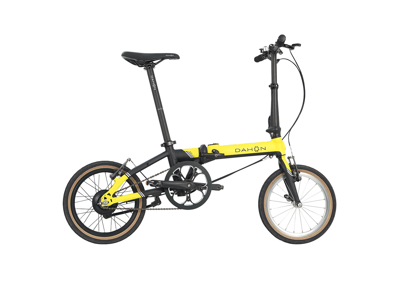 Dahon K-Feather lemon yellow folding electric bike, minimalist city commuter.