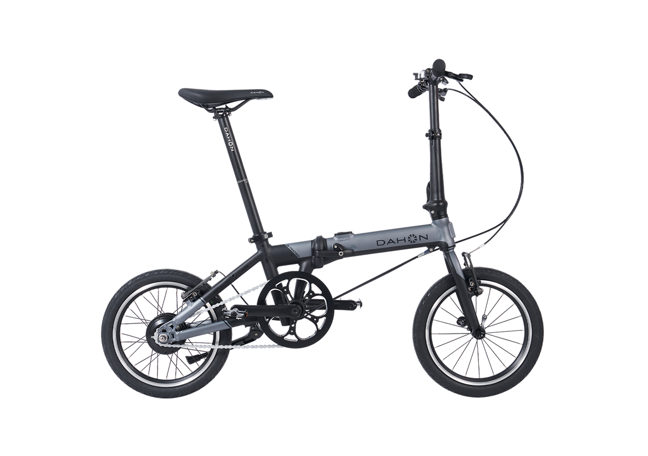 Slate grey Dahon K-Feather electric folding bike with minimalist design for city trips.