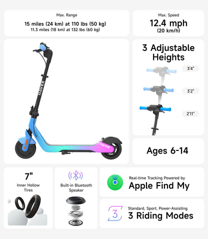 NAVEE K100 Max Kids E-scooter｜Find My｜Adjustable Heights｜15miles Eco-range｜12.4mph