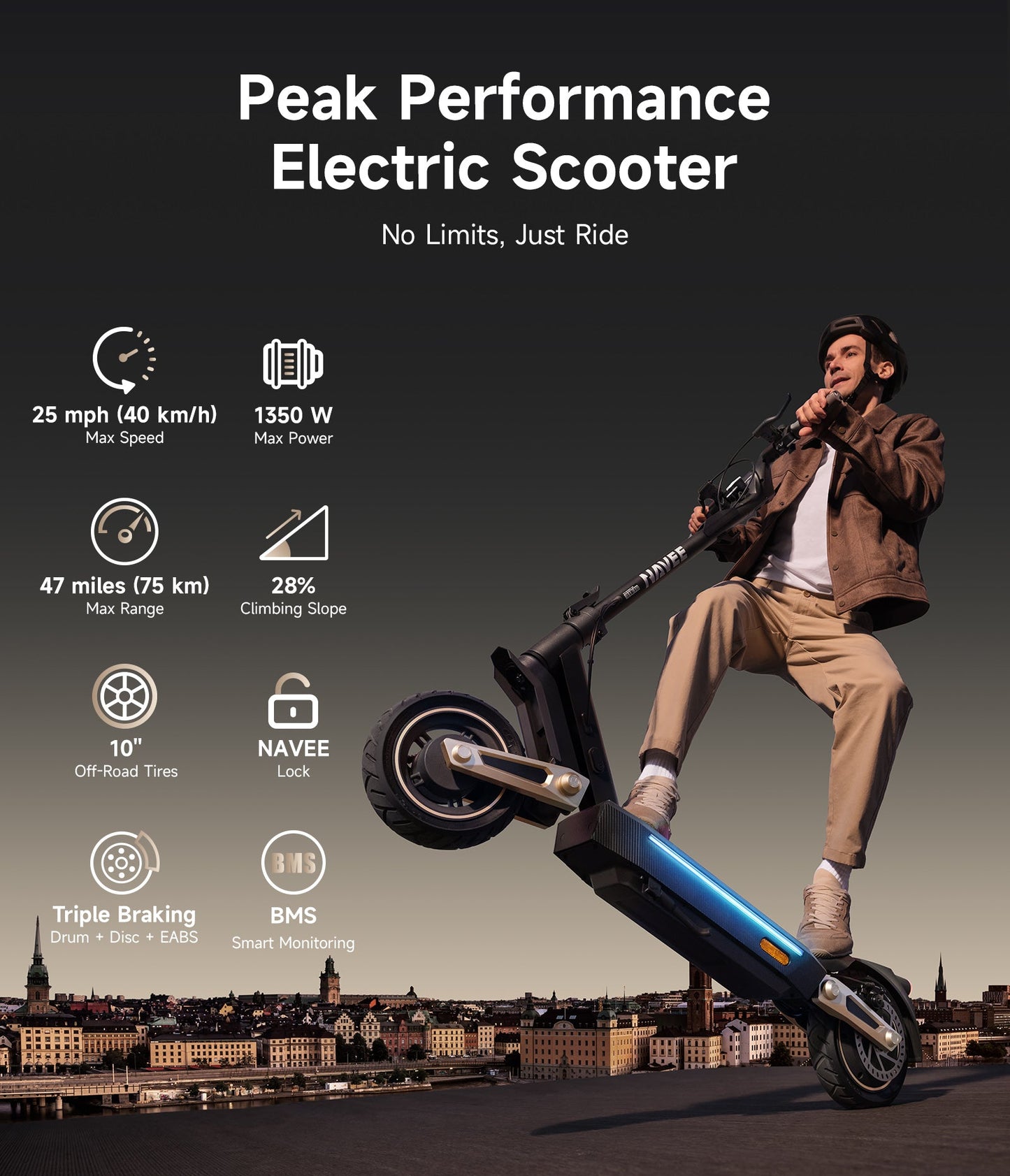 NAVEE ST3 Pro Electric Scooter｜Damping Arm™ Suspension｜46.6miles Eco-range｜1350W