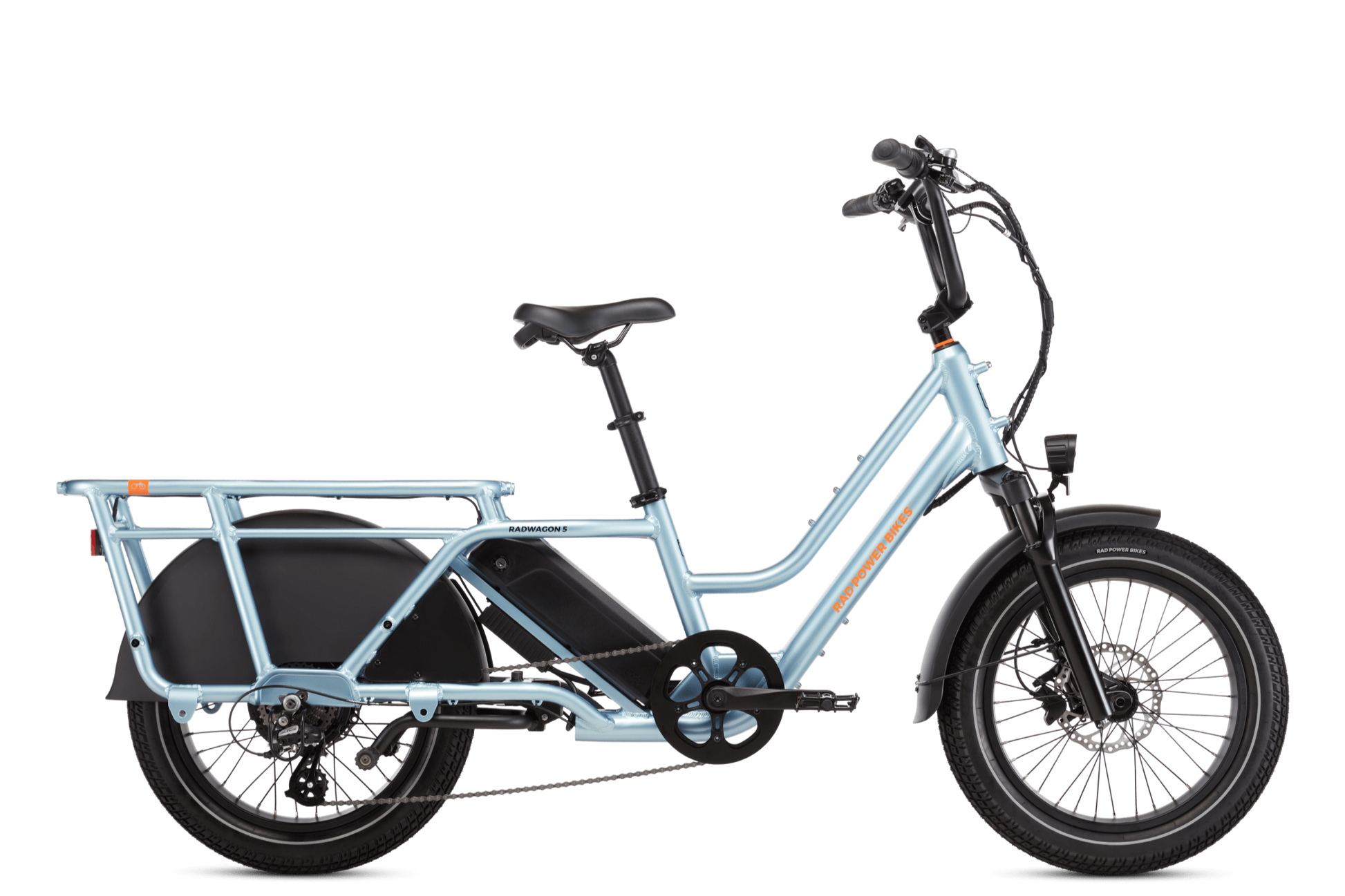 Right side view of a Metallic Blue RadWagon 5 electric cargo bike